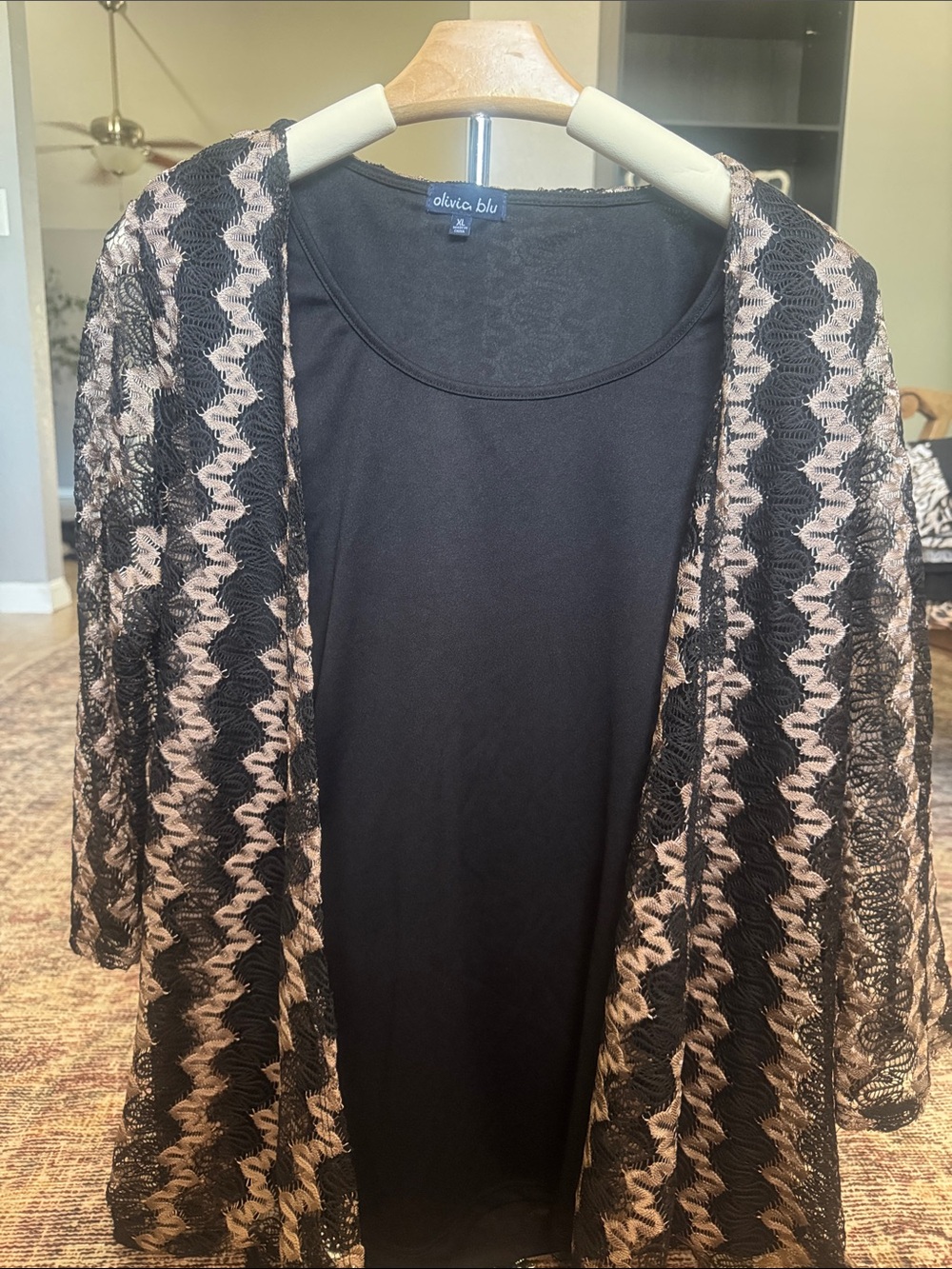 Olivia Blu Black and Blush Lace-Overlay Open Cardigan